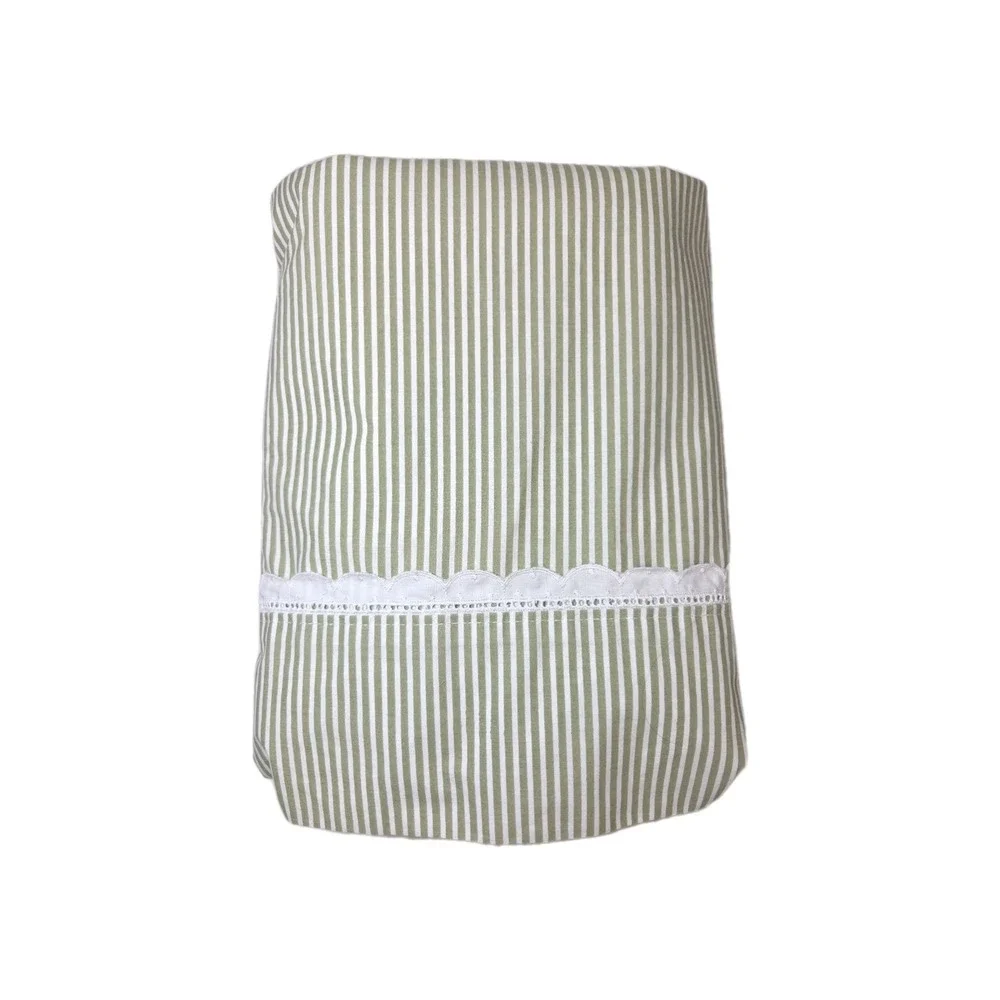 Vtg 90s Martha Stewart Everyday Green Stripe Scalloped Hemstitch Flat Sheet Twin